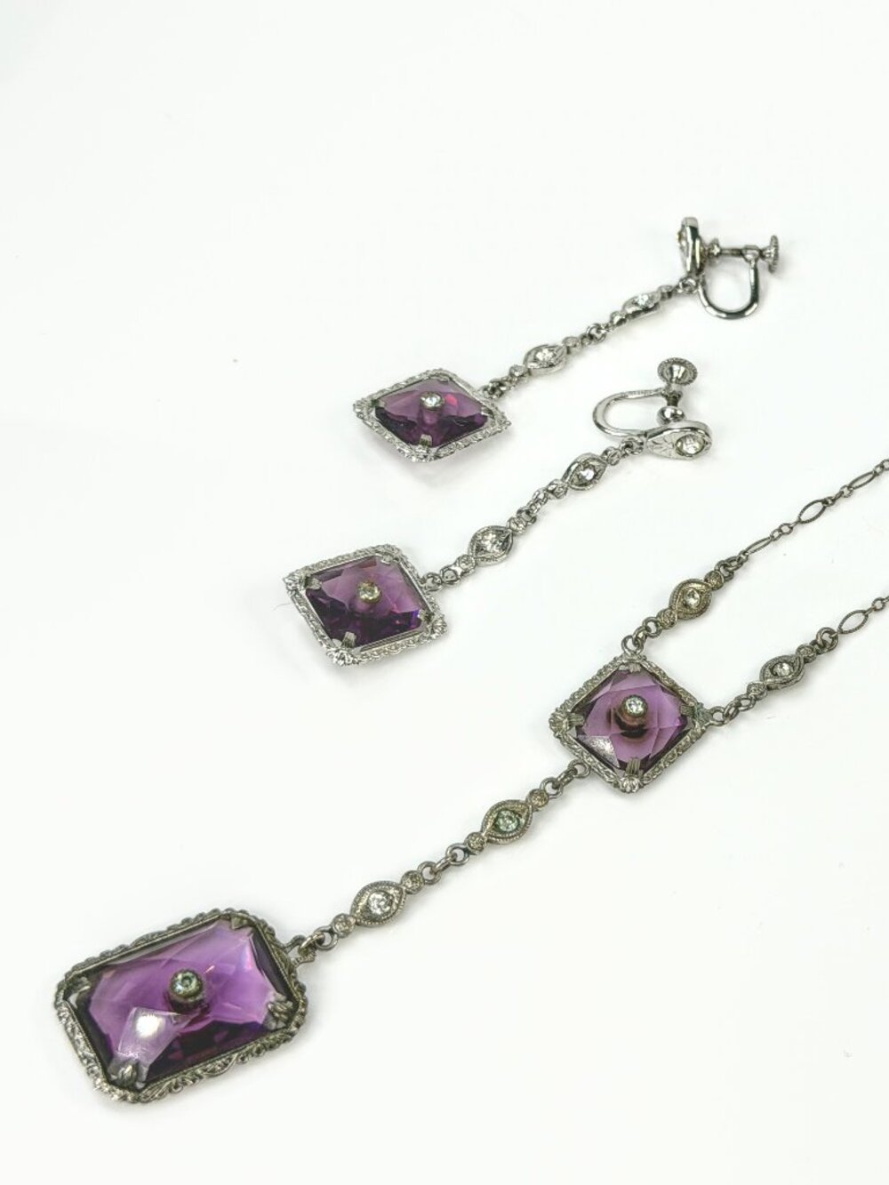 Antique Art Deco Sterling Silver Purple Glass Necklace & Earrings Parure JR2166